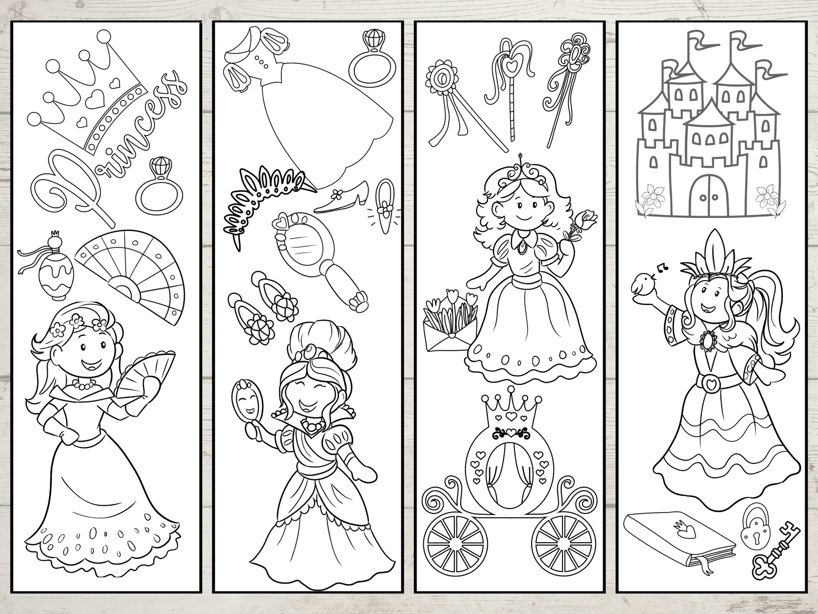 princess bookmarks to color set of 8 princess theme party etsy