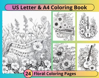 Bloemen kleurboek, grijstinten kleuren, muziek kleurplaten, kleurboek voor volwassenen, digitale download kleurboek, bloemen kleuren