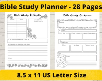 May include: Black and white printable Bible study planner with 28 pages. The planner includes sections for in-depth study and scripture study. The pages are decorated with floral and celestial designs. The planner is 8.5 x 11 inches.