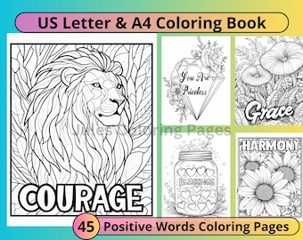 Inspirerend kleurboek, 45 positieve kleurplaten, grijstinten kleuren, kleurboek voor volwassenen, digitale download kleurboek, pdf