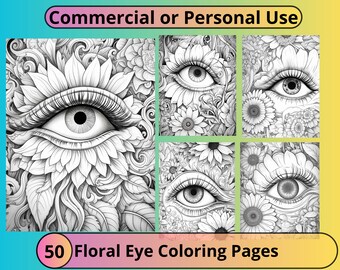 50 kleurplaten bloemenoog grijswaarden: PLR commercieel gebruik (digitale download)