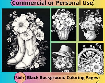 Bloemenkleurplaten voor volwassenen: zwarte achtergrond, commercieel gebruik (inclusief downloadbare pdf-link)