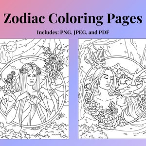Astrology Coloring Book, Zodiac Coloring Pages, Adult Coloring Book, Printable, Instant Download, Print at Home, For Procreate, PNG, JPG