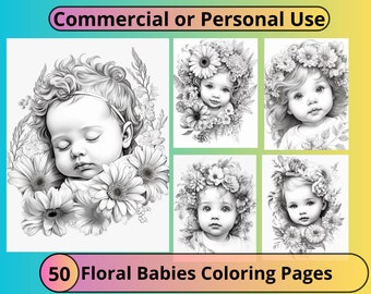 50 Floral Babies grijswaarden kleurplaten: afdrukbare PLR (8,5 x 11) (digitale download)