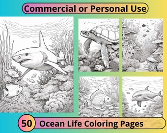 50 Ocean Life kleurplaten: visontwerpen in grijswaarden (PLR)