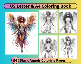 Kleurboek Black Woman Angels: 34 afdrukbare grijswaardenpagina's (pdf)
