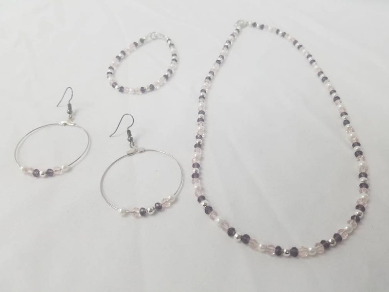 Purple and Pale Pink Glass Beaded Necklace with Pearl and Silver Accents comes with Matching Bracelet and Hoop Earrings