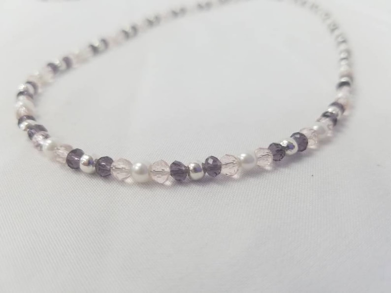 Purple and Pale Pink Glass Beaded Necklace with Pearl and Silver Accents comes with Matching Bracelet and Hoop Earrings