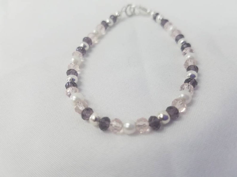Purple and Pale Pink Glass Beaded Necklace with Pearl and Silver Accents comes with Matching Bracelet and Hoop Earrings