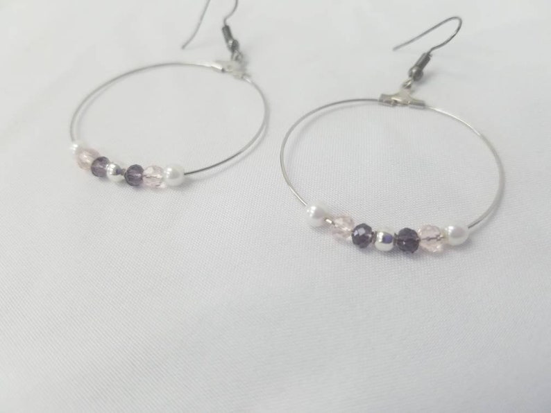 Purple and Pale Pink Glass Beaded Necklace with Pearl and Silver Accents comes with Matching Bracelet and Hoop Earrings