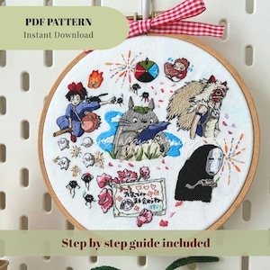 May include: Embroidered hoop art featuring characters from animated films. The design includes a wooden hoop, white fabric, and colorful thread. Text on the image reads "PDF PATTERN Instant Download" and "Step by step guide included".