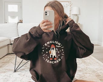 Halloween English Teacher Hoodie, Sweatshirt, Gift for English Teacher Sweater, Cute, Fall, Ghost Coffee Sweatshirt For English Teacher Gift