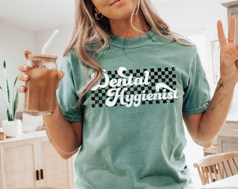 Camiseta de higienista dental, regalo para higienista, regalos dentales, camiseta de higienista dental, regalo de Rdh, retro, a cuadros, moderna, colores bonitos y cómodos.