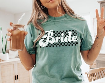 Comfort Colors Bride Shirt for Bride Tshirt, Bride Bachelorette Party Shirt, Tee, Checkered Bride Wedding Shirts, Cute Bridal Shower T-shirt