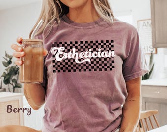 Esthetician Shirt Gift, Retro Esthetician Graduation Tee Checkered Cosmetologist Shirt, Skin Therapist Tshirt Esthetician Comfort Colors