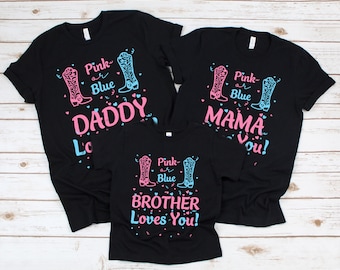 Custom Gender Reveal Party Shirt, Pink or Blue Tshirt, Personalized Western Boots, Cowboy, Cowgirl Customized Family Matching Shirts, Gifts