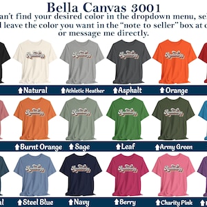 May include: A variety of Bella Canvas 3001 t-shirts in various colors, each displaying the word "Radiology" in a retro font. Colors include black, natural, athletic heather, asphalt, orange, red, mauve, burnt orange, sage, leaf, army green, aqua, deep teal, steel blue, navy, berry, charity pink, and heather purple.