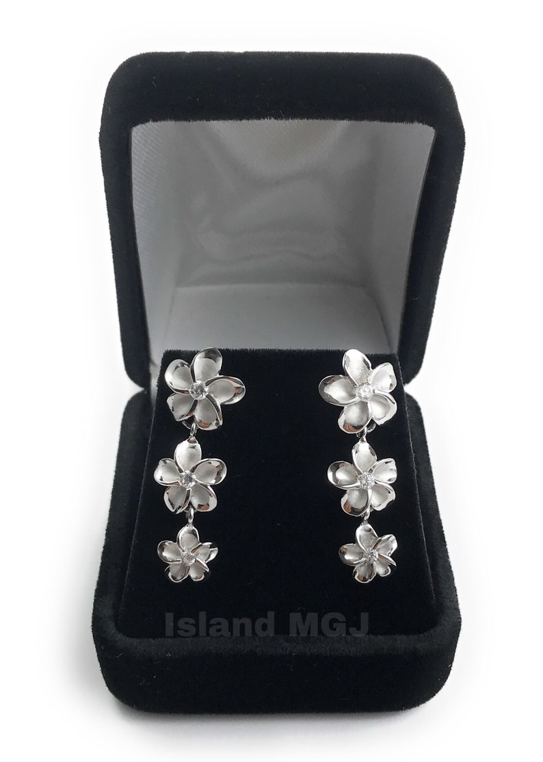Hawaiian Jewelry 925 Sterling Silver 3 Plumeria Flower Earring Stud Dangling CZ Stone