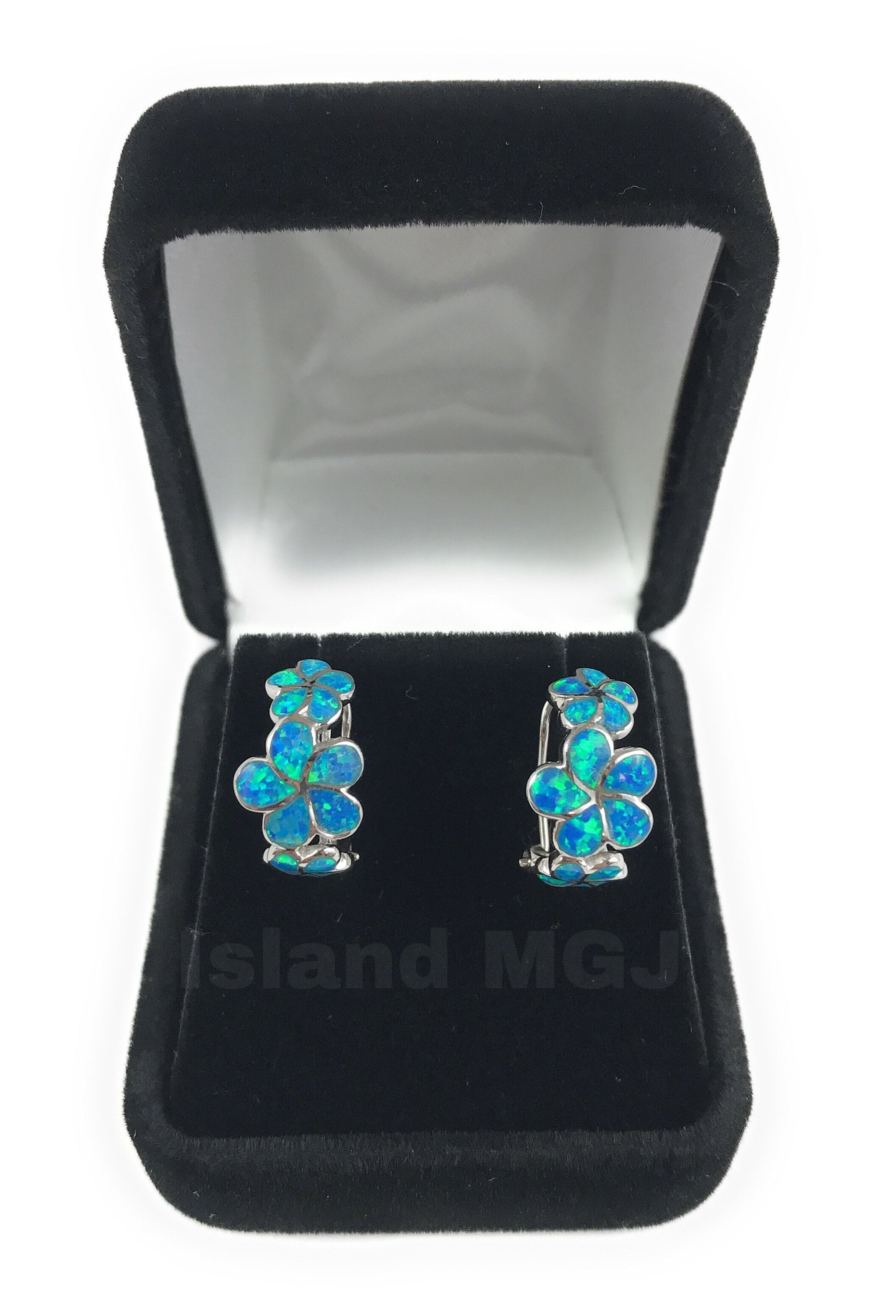 Hawaiian Jewelry 925 Sterling Silver Blue Opal Plumeria Flower Earring French Clip CZ Stone