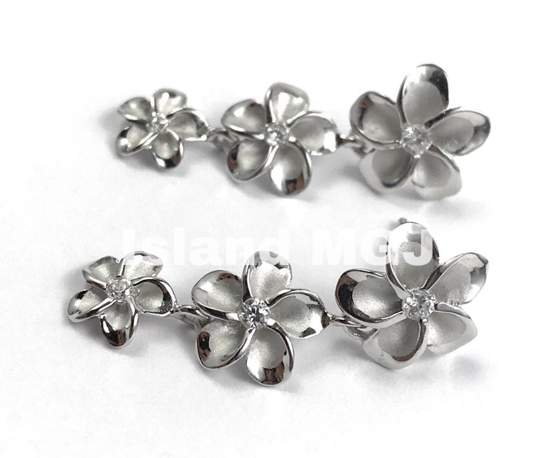 Hawaiian Jewelry 925 Sterling Silver 3 Plumeria Flower Earring Stud Dangling CZ Stone