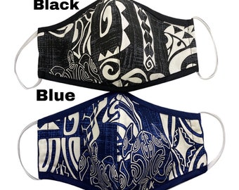 Face Masks 3 Layer Filter Hawaiian Aloha Print Polynesian Tribal Hawaii Design - Washable Reusable