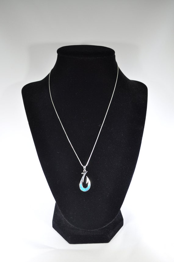 Hawaiian Jewelry 925 Sterling Silver Blue Opal Fish Hook Necklace