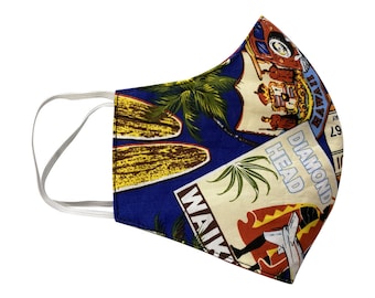 Aloha Print Hawaiian Print Face Mask Face Cover 3 Layer Filter Cotton Surf Hawaiian Culture Design - Washable Reusable