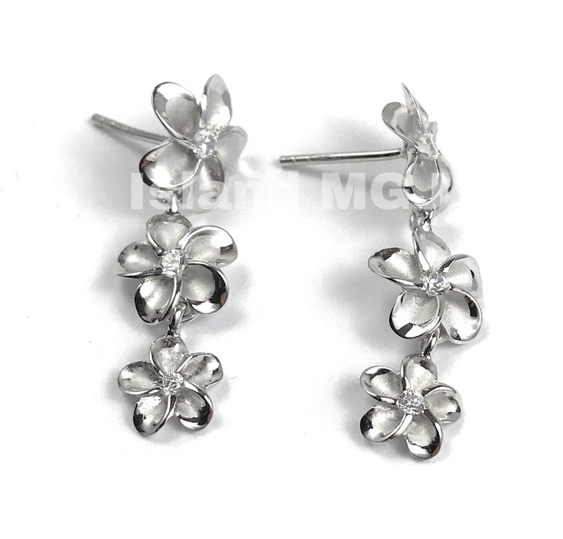 Hawaiian Jewelry 925 Sterling Silver 3 Plumeria Flower Earring Stud Dangling CZ Stone