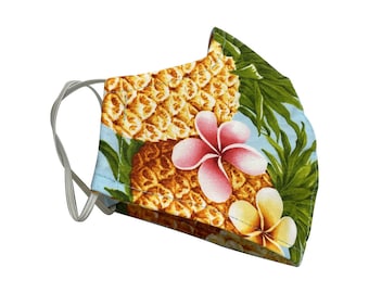 Face Masks 3 Layer Filter Aloha Print Blue Pineapple Pink Plumeria Hawaii Design - Washable Reusable