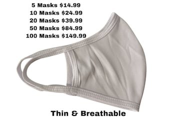 1 - 100 Masks Thin Lightweight Cotton  Synthetic Blend Face Masks Plain White Breathable Washable Reusable