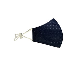 Face Masks 3 Layer Filter Protection Navy Dots Design Adjustable Ear Loops - Washable Reusable