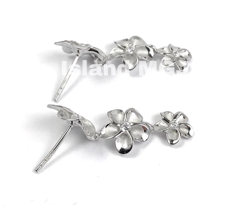 Hawaiian Jewelry 925 Sterling Silver 3 Plumeria Flower Earring Stud Dangling CZ Stone