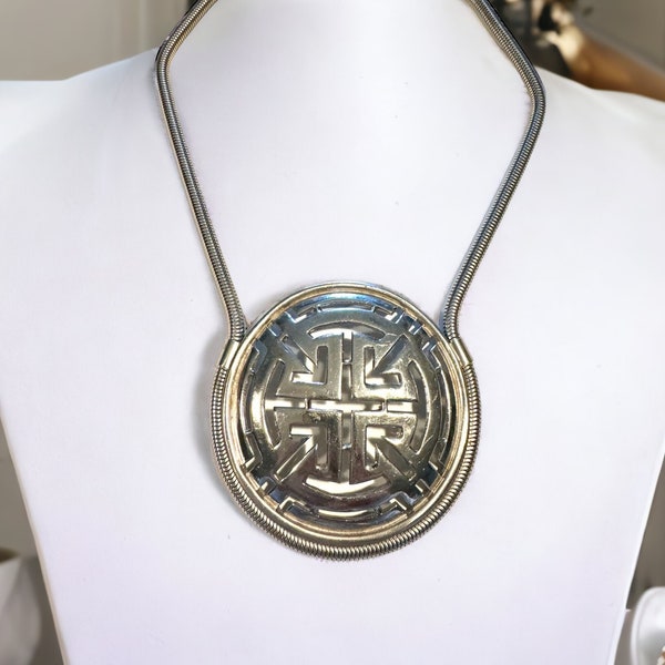 Vintage 70s Pierre Cardin Silver Tone Greek Key Statement Necklace 18”