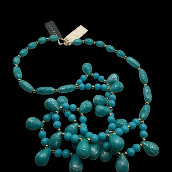 Vintage NWT Swirled Lucite Faux Turquoise Two Tiered Necklace 26”