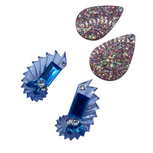 Two Vintage Lucite Confetti Rhinestone Geometric Chunky Huge Runway Clip On Earrings