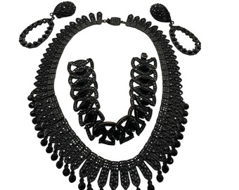 Vintage Tera Von Mauer Gunmetal Black Japanned Rhinestone Parure Necklace Clip Earrings Bracelet Mourning