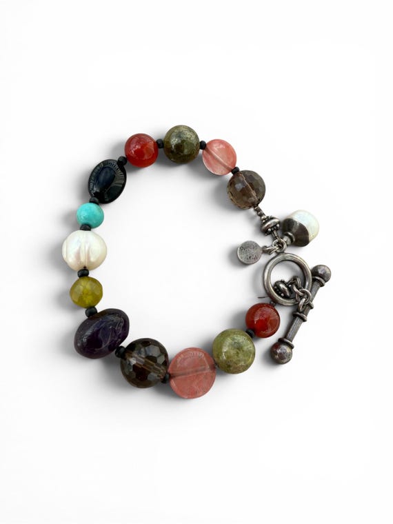 Artisan Made Signed MiMi Designs Faceted and Natural Stone Bracelet with Pearls (O)