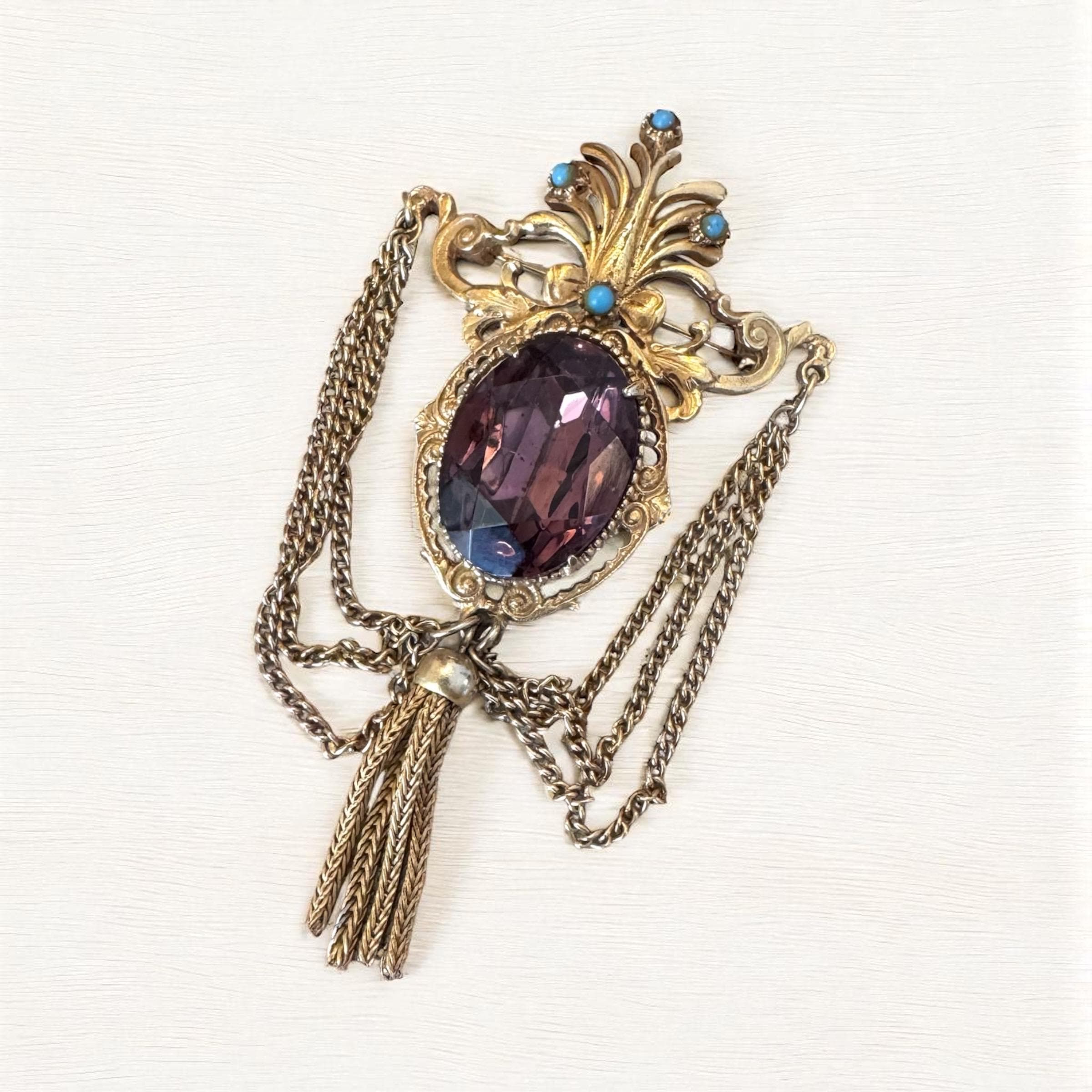 Vintage Florenza Gold Tone Brooch Purple Glass Rhinestone With