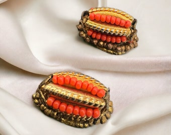 Vintage Early Miriam Haskell Seed Beaded Coral Gold Tone Adjustable Clip Back Earrings 7/8”