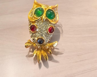 Coro Duette hibou broche strass émail yeux bleus Sterling