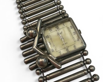 Pearl Automatic Watch Art Deco Funky Geometric Abstract MCM Mod Band Silver Tone (T)