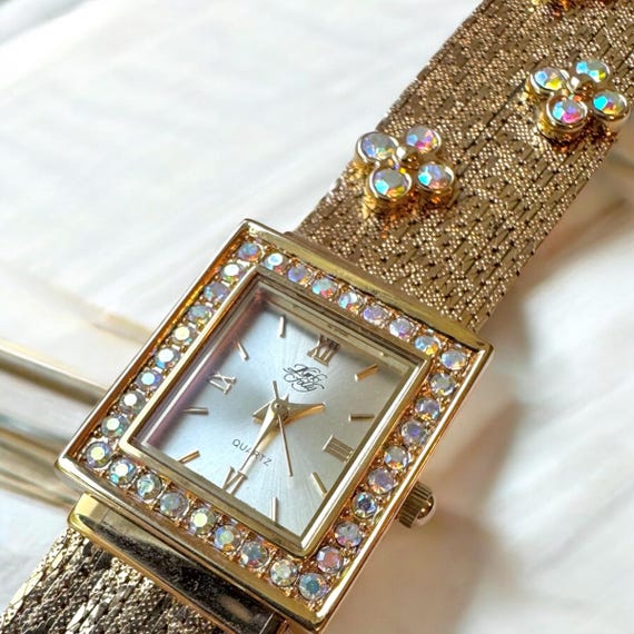 Vintage Kirks Folly Crystal Flower Bracelet Watch - Gold  display picture 1