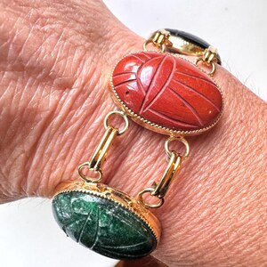 Massive Vintage Carved Scarab Bracelet Gold Filled Lucky Real Gemstones *Replaced Clasp