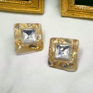Vintage Lucite Gold Flakes Chunky Geometric Rhinestone Clip On Earrings