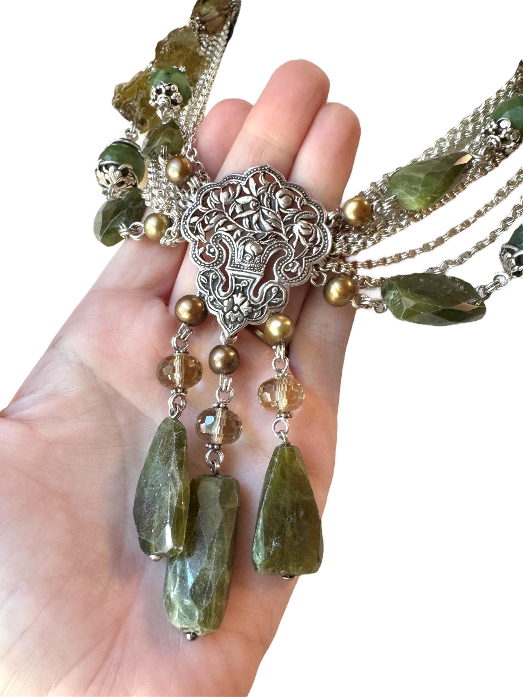 Stephen Dweck Sterling Multi Strand Necklace With Green Garnet