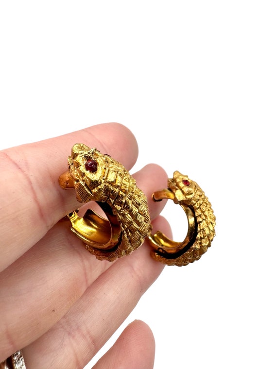 Vintage Dragon Fish Reptile Gold Tone Red Rhinesto