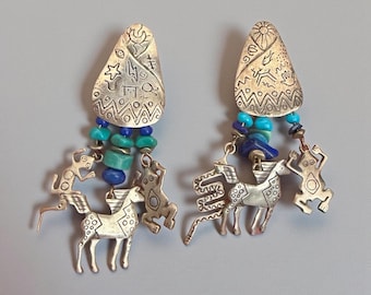 Pendientes de clip de plata de ley y cuentas de vidrio con sello CE, estilo bohemio del suroeste, con forma de lagarto, serpiente, caballo o rana (S)