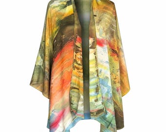 Kimono transparente de estilo acuarela abstracto, vibrante y ecléctico, talla única.