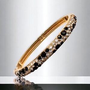 Swarovski Stamped Black and Clear Rhinestone Gold Tone Bangle with Clamp