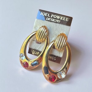 Vintage Moghul Style Rhinestone Gold Tone Door Knocker Style Joel Powell Designs Clip on Earrings